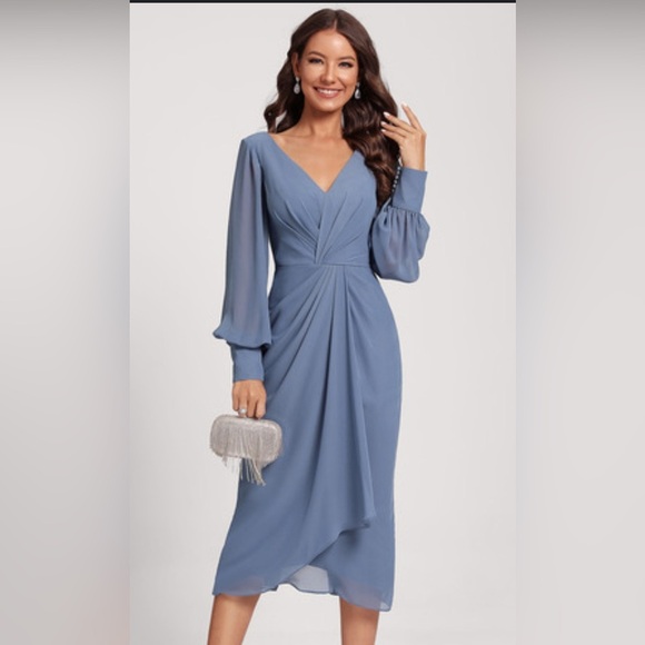Sheath/Column V-Neck Tea-Length Chiffon Cocktail Dress With Cascading Ruffles - Picture 2 of 10